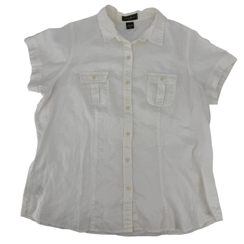 Eddie Bauer White 100% Linen Short Sleeve Button Down Shirt Womens 2X Plus Size
